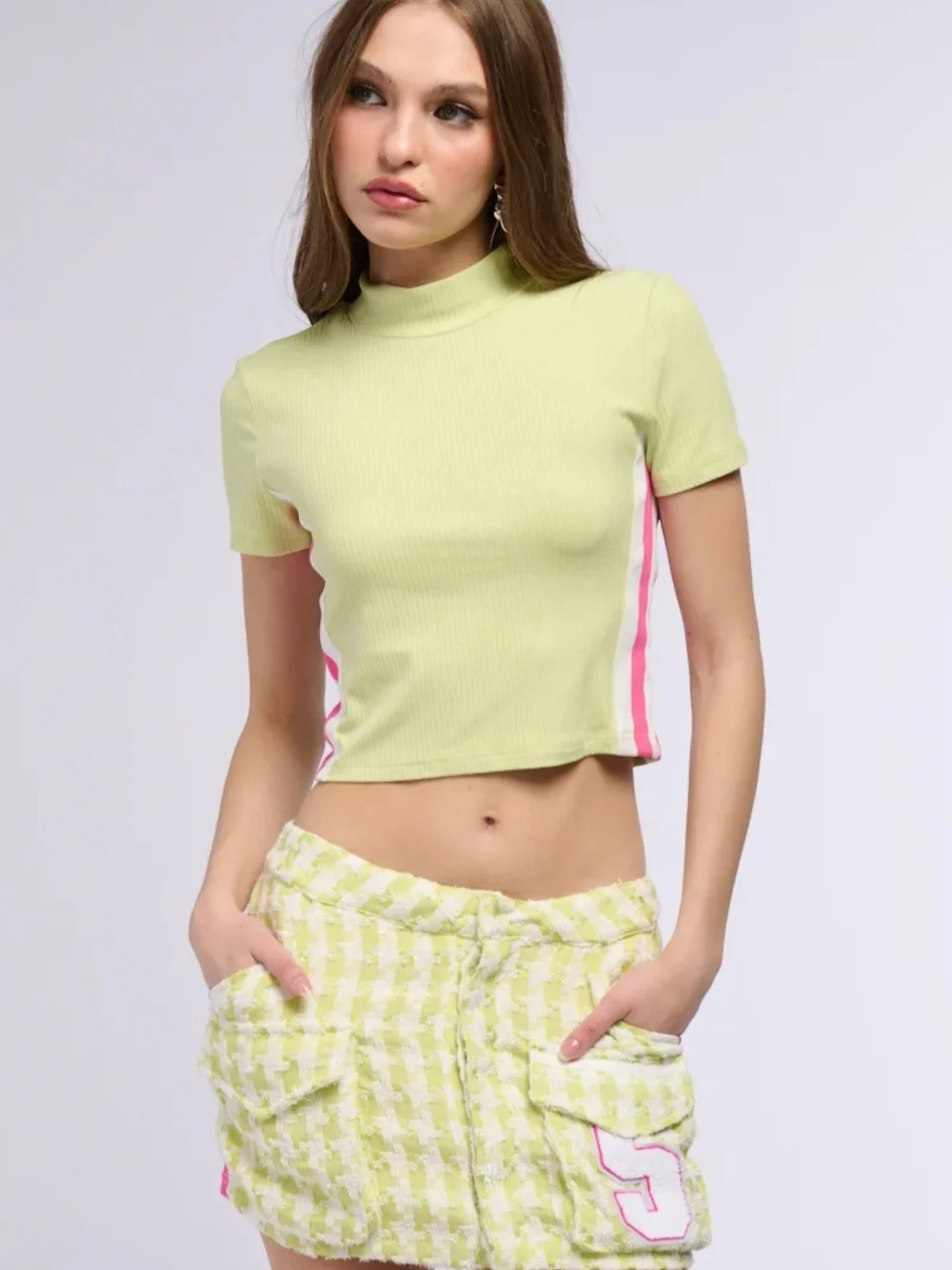 AKIRA Lime Green Tweed Mini Skirt with Pink Stripe Accents